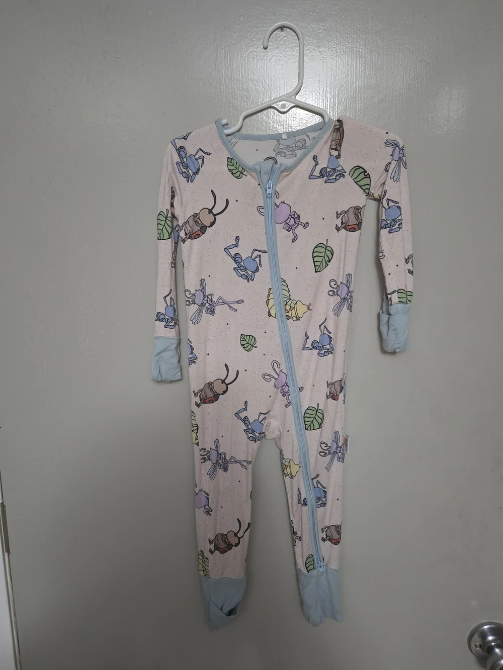 Light Pink Bug-Print Zippered Kids Footie Pajamas with Blue Trim